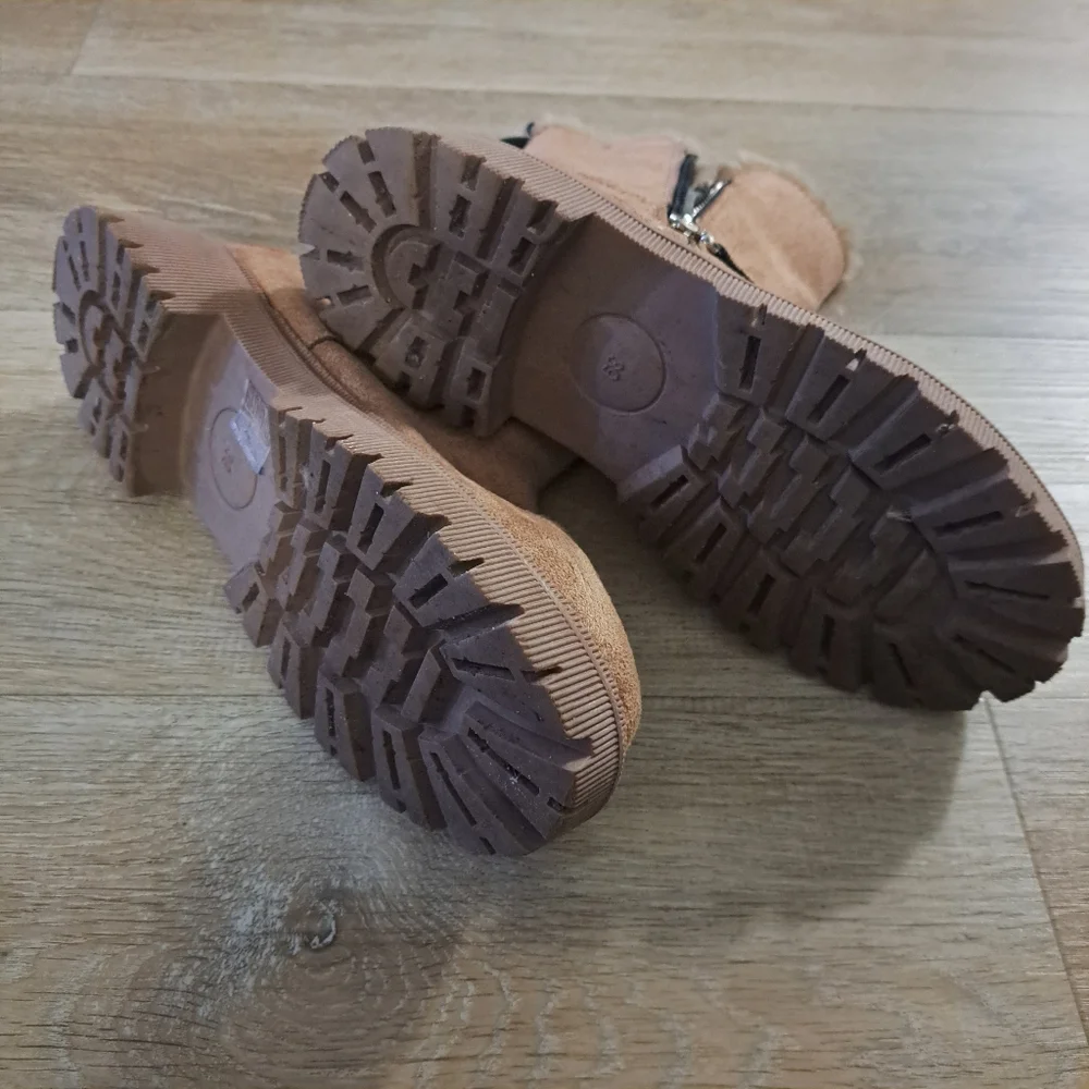 Fashion Boots Tan Brown Mid-Calf Suede Like Faux Fur-Lined Zipper Women Size 39
